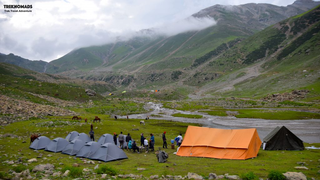 Our Camp 2 - Nichnai camp. This camp was at an altitude of around 3,600 meters above sea level. We had a beautiful and cold glacial stream next to our campsite. It was surreal but tiring day 1. Kashmir Great Lakes Trek - Premium.
