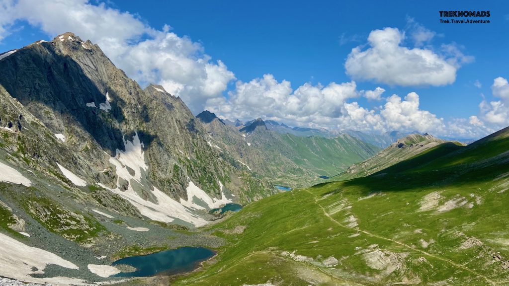 The other side of Gadsar Pass. Gadsar Lake is the third of the 3 lakes seen in the pic. - Kashmir Great Lakes Trek, Premium