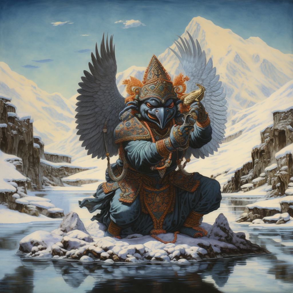  Lakes and Legends: Artistic Impression of Garuda drinking water at the Bekaltal Lake 