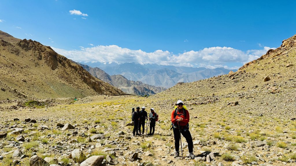 trekkers, hikers, mountains, clouds, hiking trail
