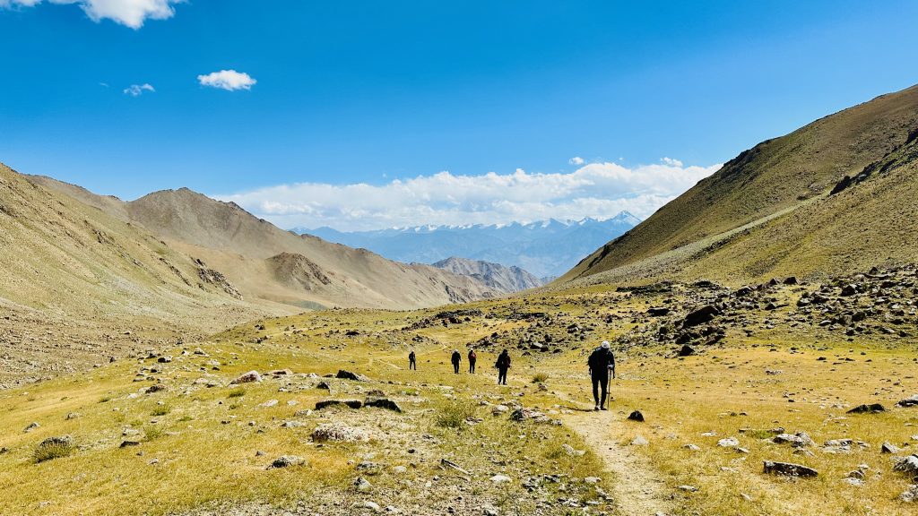 trekkers, hikers, mountains, clouds, hiking trail